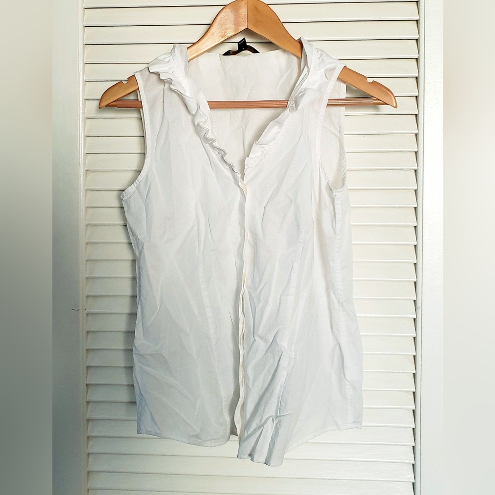 Brooks Brothers 100% Supima Cotton Ruffled Collar Sleeveless Blouse Sz 8